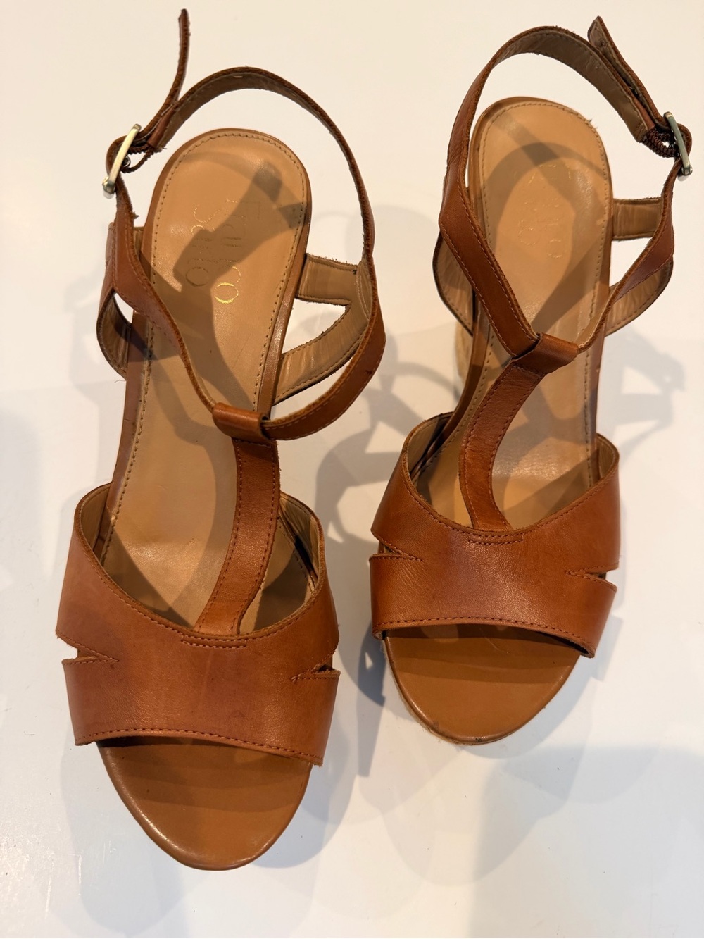 Franco Sarto Tan Leather T-Strap Sandals